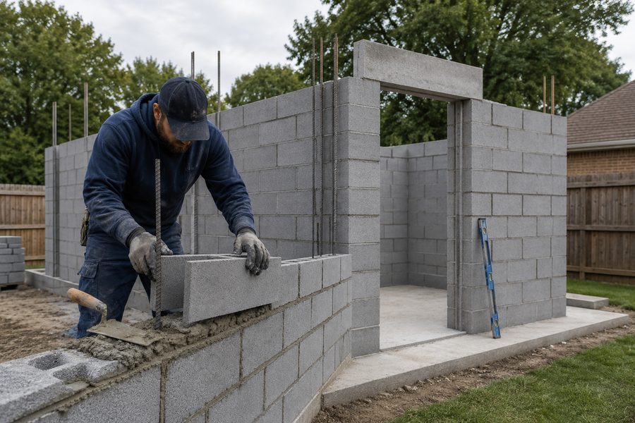 A builder laying an Amidon ArmorBlock course while constructing a backyard block structure
