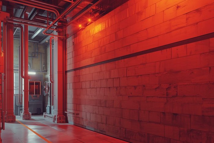 A long high-mass ArmorBlock corridor wall in an industrial facility under dramatic lighting