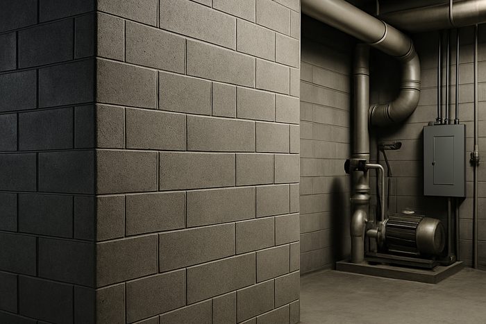 A high-mass ArmorBlock wall beside pumps and piping in an industrial mechanical room