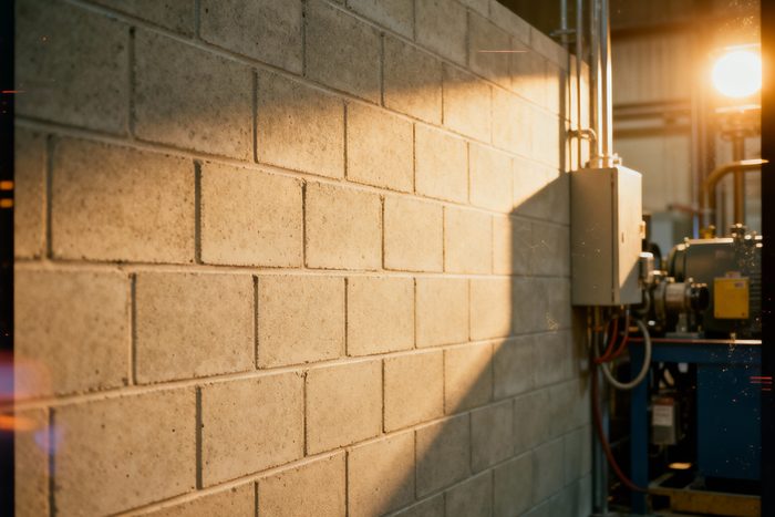 A high-mass ArmorBlock wall in an industrial bay, lit by warm light, with machinery alongside