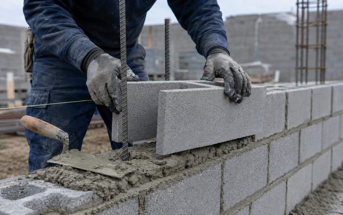 A mason laying Amidon ArmorBlock units on fresh mortar