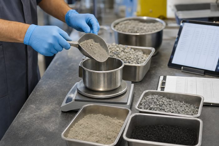 Technician proportioning cementitious powder, graded aggregate and reclaimed-carbon granules on a mix-design lab bench