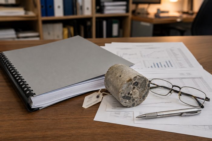 A bound test report with charts and a labeled concrete core sample, packaged as a project submittal