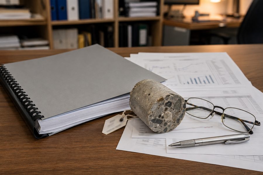 A submittal package of drawings, test documentation and concrete samples on a desk