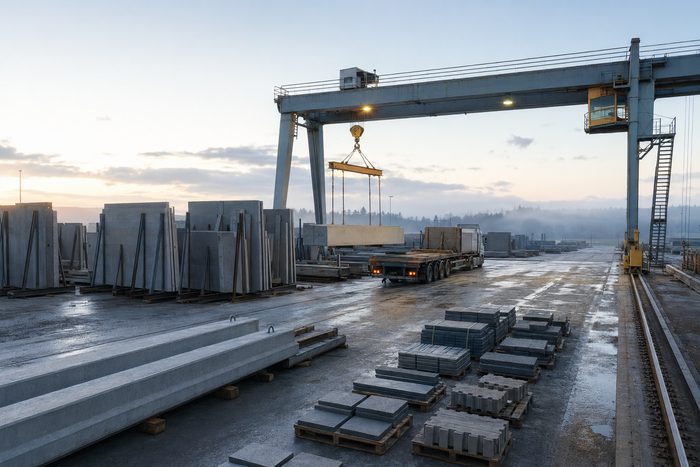 A precast concrete production floor with finished panels and forming beds