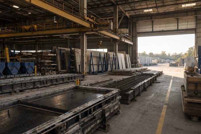 A precast concrete production hall at dawn, with steel casting beds, formwork, and finished panels lit by morning light through the bay