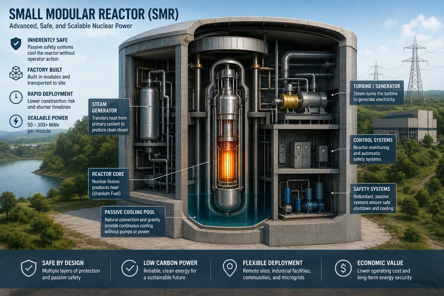 Cutaway illustration of a small modular reactor (SMR) and its protective containment structure