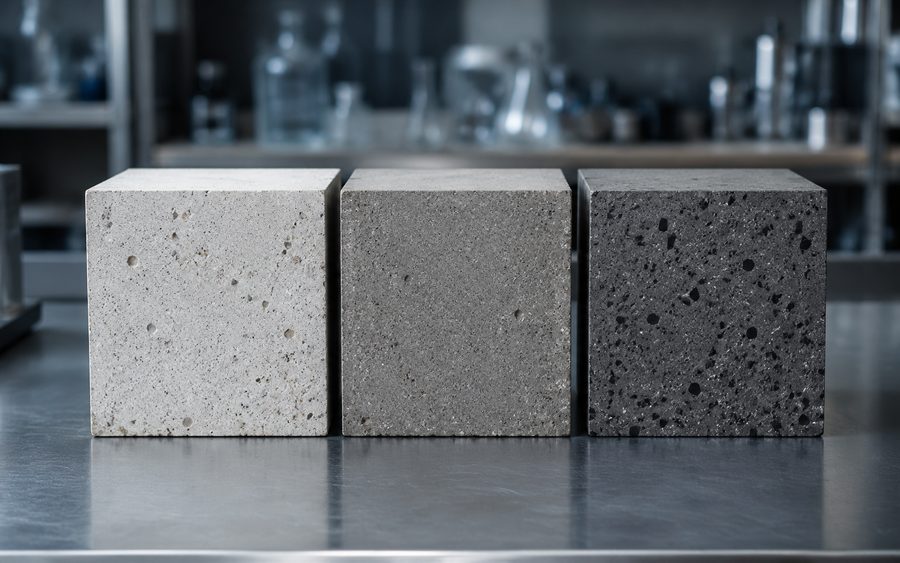 Three concrete samples side by side, from ordinary grey to carbon-rich CarbonCrete