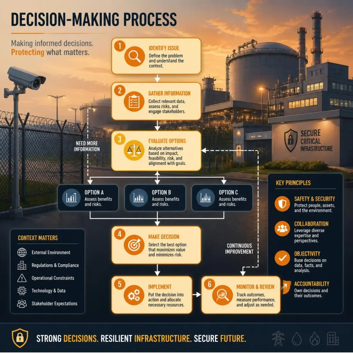 Decision-making framework: identify the issue, gather information, evaluate options, make the decision, implement, then monitor and review, with continuous improvement feeding back into evaluation.